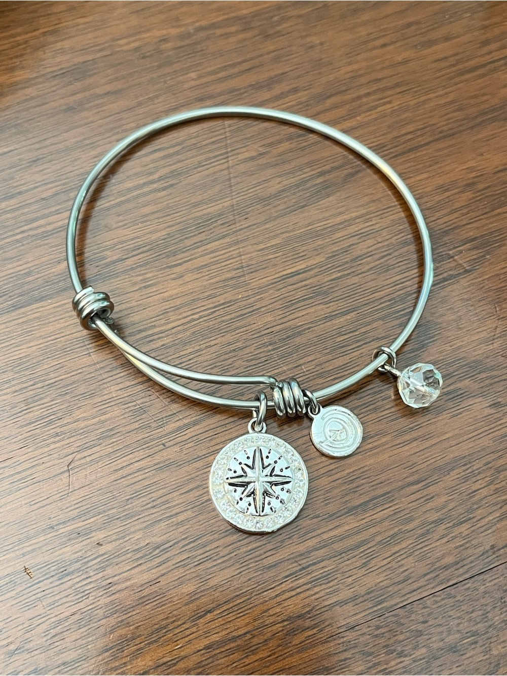 Silver Compass Charm Bangle Bracelet with Crystal Accent